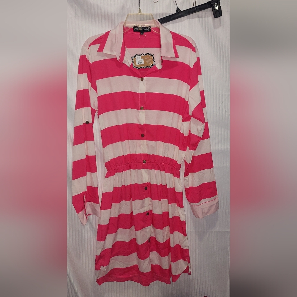 NWT Pink and White Striped Button-Up Dress- Blossom Boutique Size Large